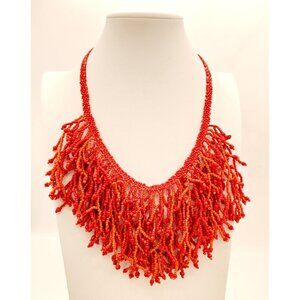 GORGEOUS Red Faux Coral Branch Fringe 60s Style Go-Go Beachy Bib Boho Necklace